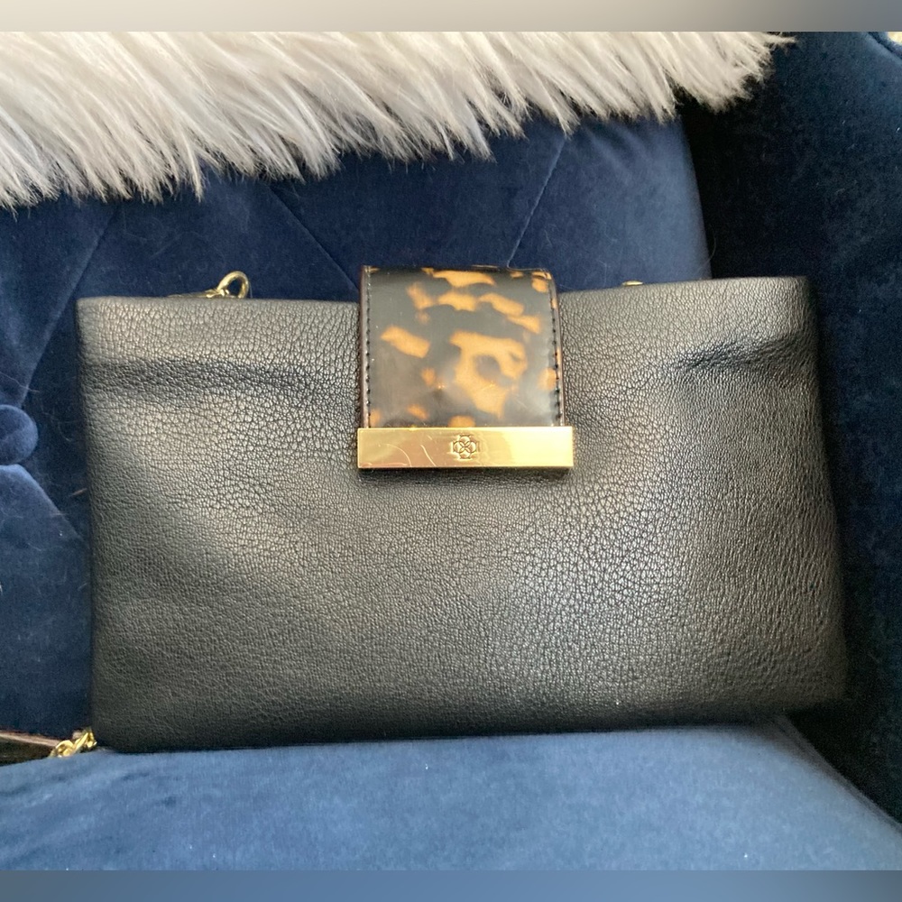 Ann Taylor black leather bag w/animal print detail and gold hardware